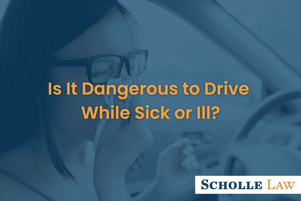 sick woman blowing her nose while driving, Is It Dangerous to Drive While Sick or Ill?