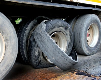 damaged tire after tire explosion at high speed on highway