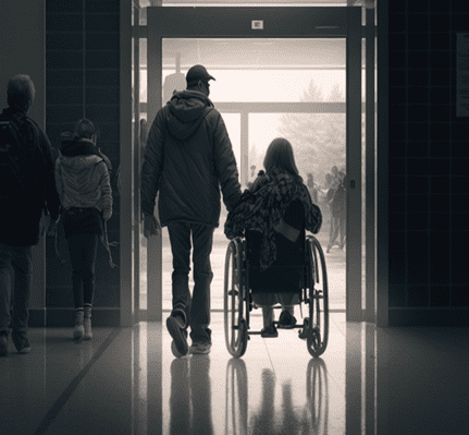 man holding hands with a woman in a wheel chair