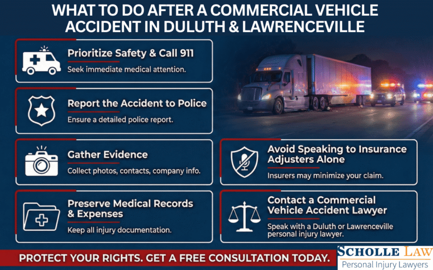 What to do after a commercial vehicle accident in Duluth and Lawrenceville GA infographic showing safety steps and contacting a commercial vehicle accident lawyer