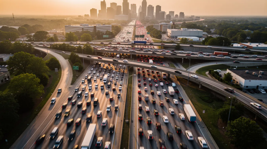 Congestión de tráfico en Atlanta durante la hora punta, con vistas al perfil urbano, en la que destacan las concurridas autopistas interestatales y los vehículos de los trabajadores que se desplazan al trabajo.