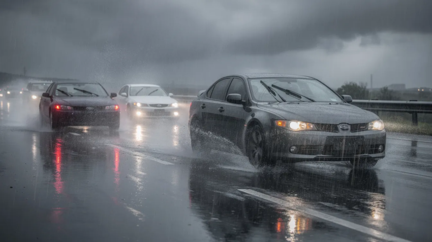 Coches circulando bajo una lluvia intensa por una autopista mojada, lo que ilustra las peligrosas condiciones de circulación en Atlanta.