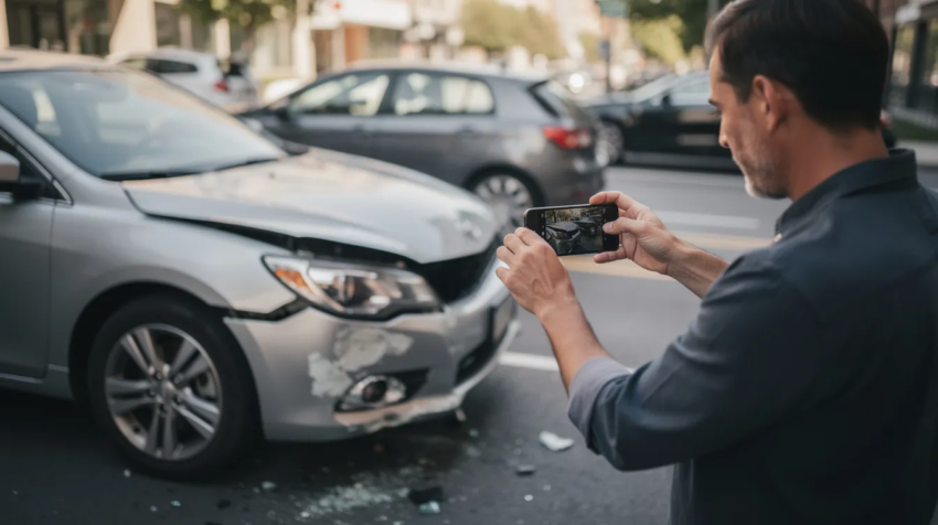Un hombre que toma fotos de un vehículo dañado tras un accidente, documentando la escena para el seguro y con fines legales en el contexto del tráfico de Atlanta.