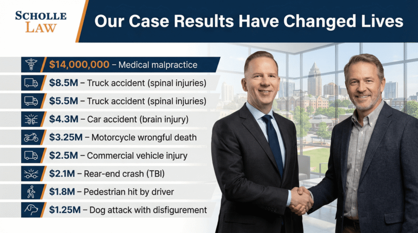 Attorney Charles Scholle shaking hands with satisfied clients, showcasing successful case results against large insurance companies, emphasizing Scholle Law's commitment to personal injury advocacy in Georgia.