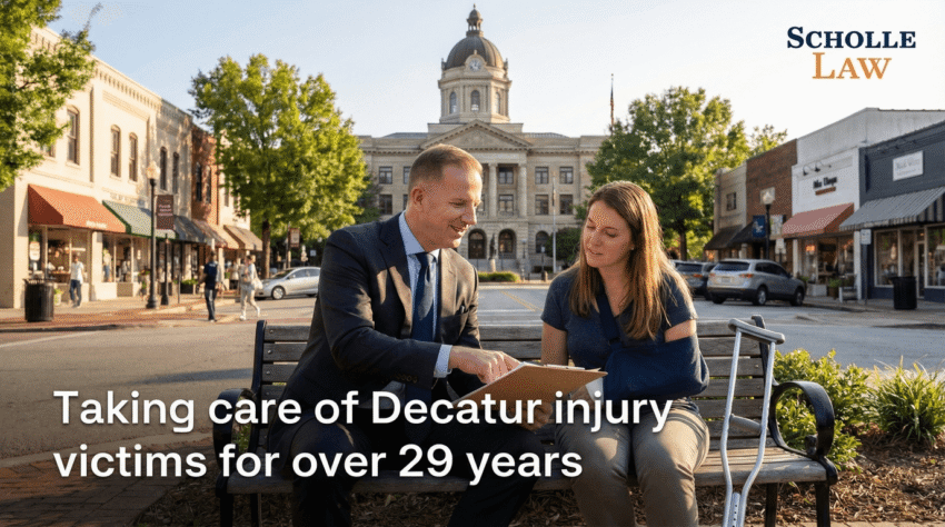 Decatur personal injury attorney Charles Scholle consulting with an injured client outdoors, emphasizing compassionate legal support for injury victims in Decatur, Georgia.