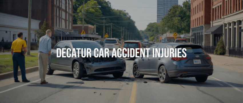 Decatur car accident scene with two damaged vehicles and a person in a blue shirt discussing the incident, highlighting personal injury risks and legal representation.