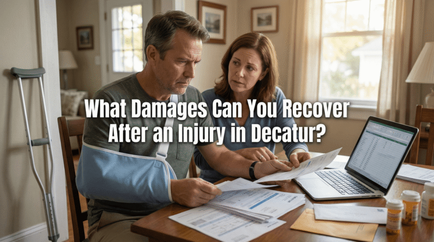 Injury victim consulting with a legal advisor, reviewing accident reports and medical records at a table, with a laptop and paperwork, emphasizing the question of recoverable damages in Decatur personal injury cases.