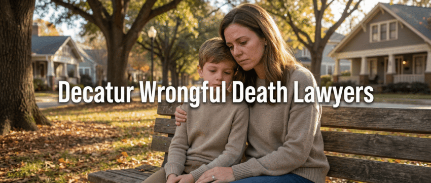 Mother and son sitting on a bench in Decatur, conveying emotional support, with text overlay "Decatur Wrongful Death Lawyers," symbolizing compassionate legal guidance for families facing loss.