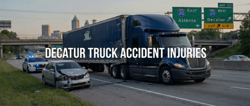 Decatur truck accident scene with a damaged car and large truck, highlighting the seriousness of truck accident injuries and the need for legal assistance.
