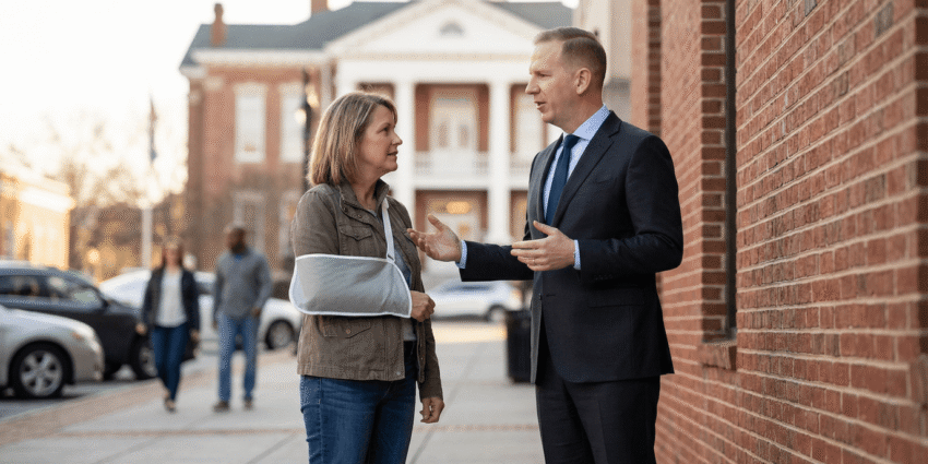 Lawrenceville Personal Injury Lawyers 13 Lawrenceville personal injury lawyer consulting with a client with an arm injury outside a courthouse, emphasizing legal support and representation for injury claims.