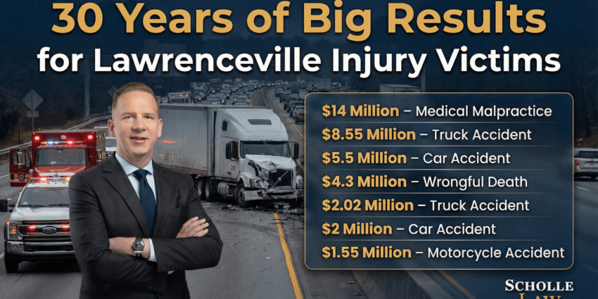 Lawrenceville Personal Injury Lawyers 14 30 years of successful personal injury case results for Lawrenceville victims, featuring total recoveries including million for medical malpractice, .55 million for truck accidents, and more, with Scholle Law branding.