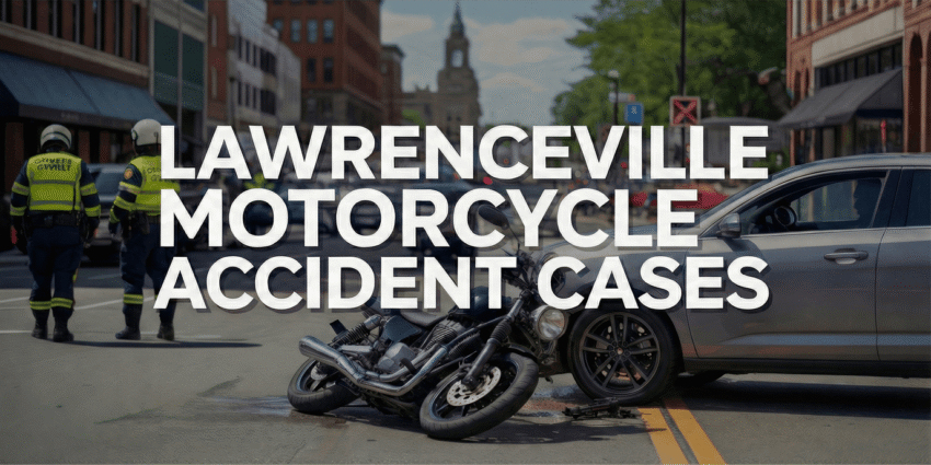 Lawrenceville Personal Injury Lawyers 17 Lawrenceville motorcycle accident scene with overturned motorcycle and emergency responders, highlighting the legal challenges of motorcycle accidents in Georgia.