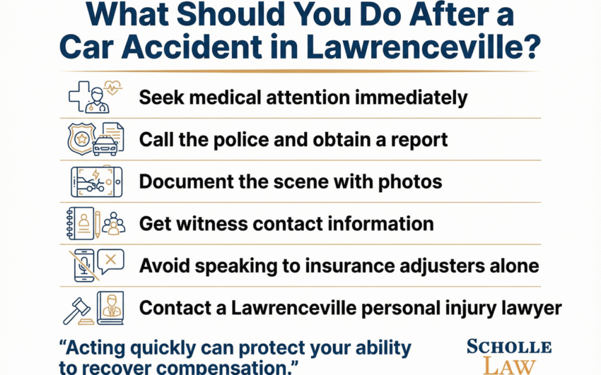 Lawrenceville Personal Injury Lawyers 18 Steps to take after a car accident in Lawrenceville, including seeking medical attention, calling police, documenting the scene, gathering witness information, avoiding insurance adjusters, and contacting a personal injury lawyer, with Scholle Law branding.