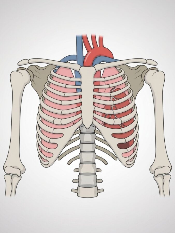 medical diagram of rib cage lungs and heart showing chest injury areas after car accident