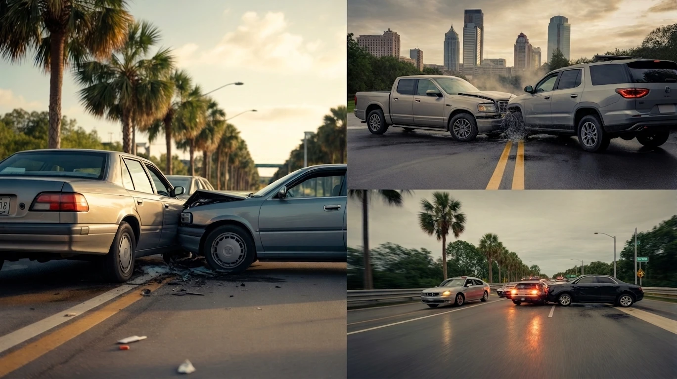 Various car crash scenes with auto accident victims