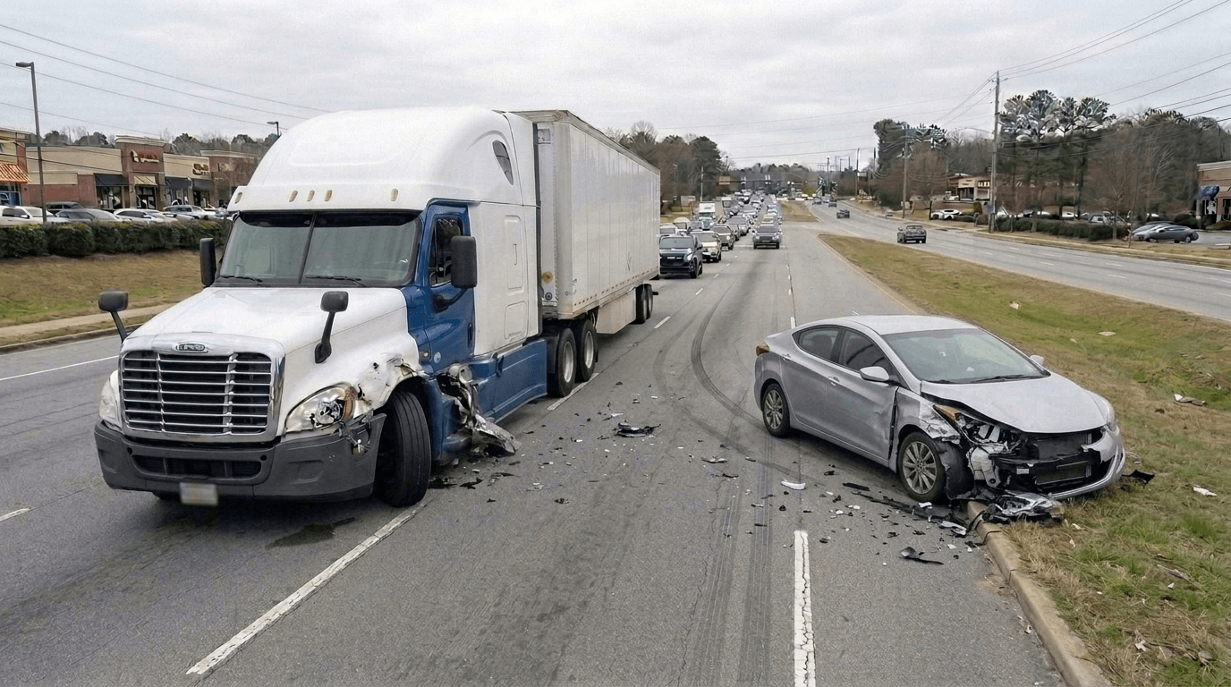 Truck accident scene on Peachtree Industrial Blvd in Duluth Georgia involving commercial drivers and a suburban car